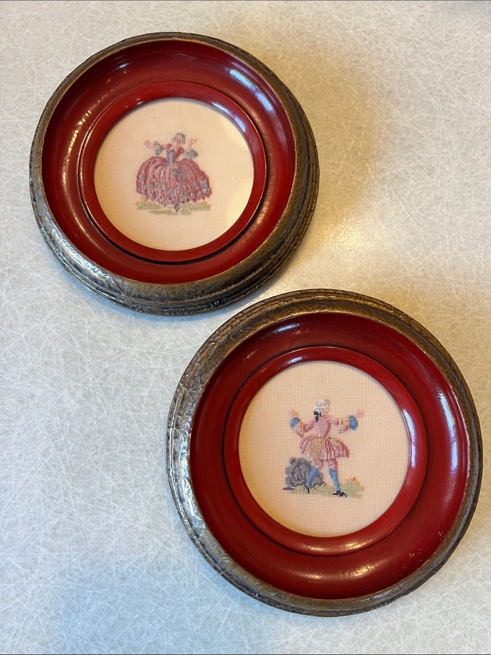 Vintage HBC Round Victorian Petit Point Needlework Framed Art Man & Woman Set